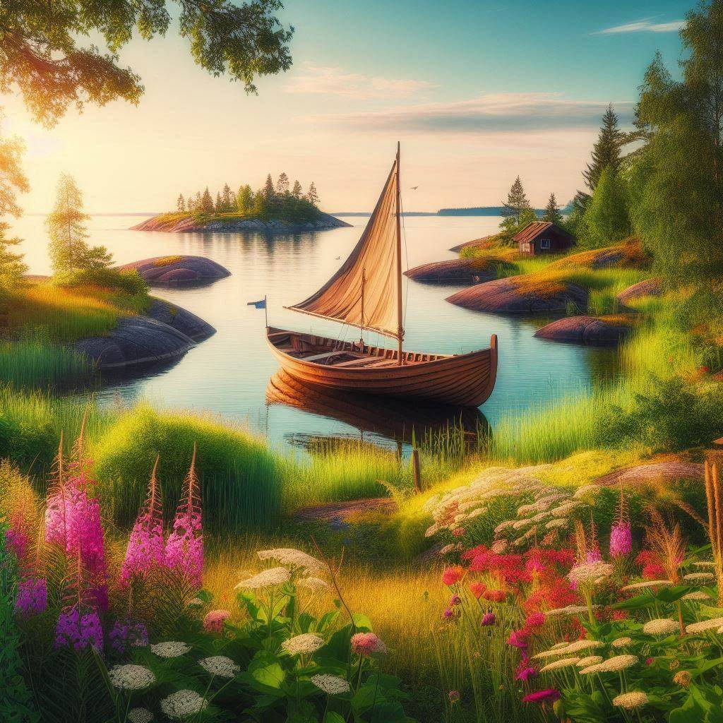 Peaceful Åland Islands landscape with traditional wooden boat