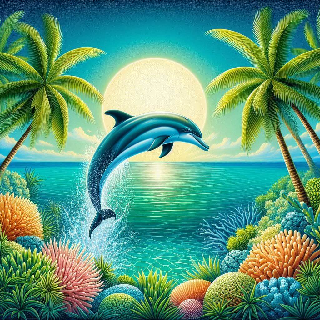 Vibrant dolphin leaping out of turquoise Caribbean waters, surrounded by lush green palms and coral reefs