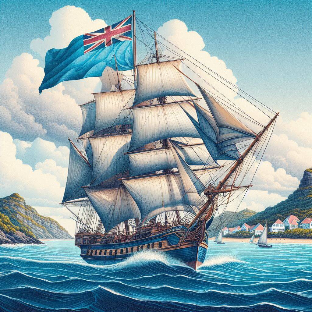 Majestic illustration of a historic sailing ship navigating through Anguilla's picturesque coastline, with the <b>Blue Ensign</b> waving proudly in the wind