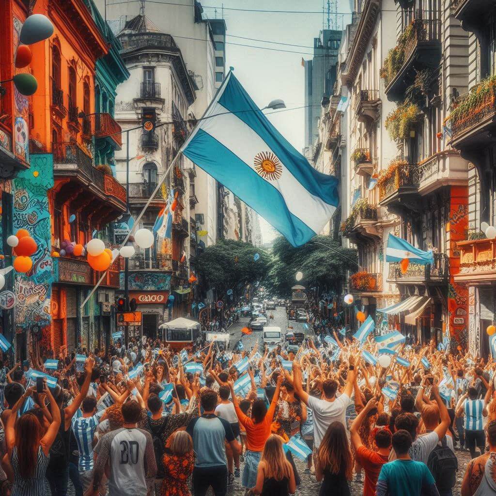 Vibrant street scene in Buenos Aires, capturing the lively spirit of Argentine culture and national identity