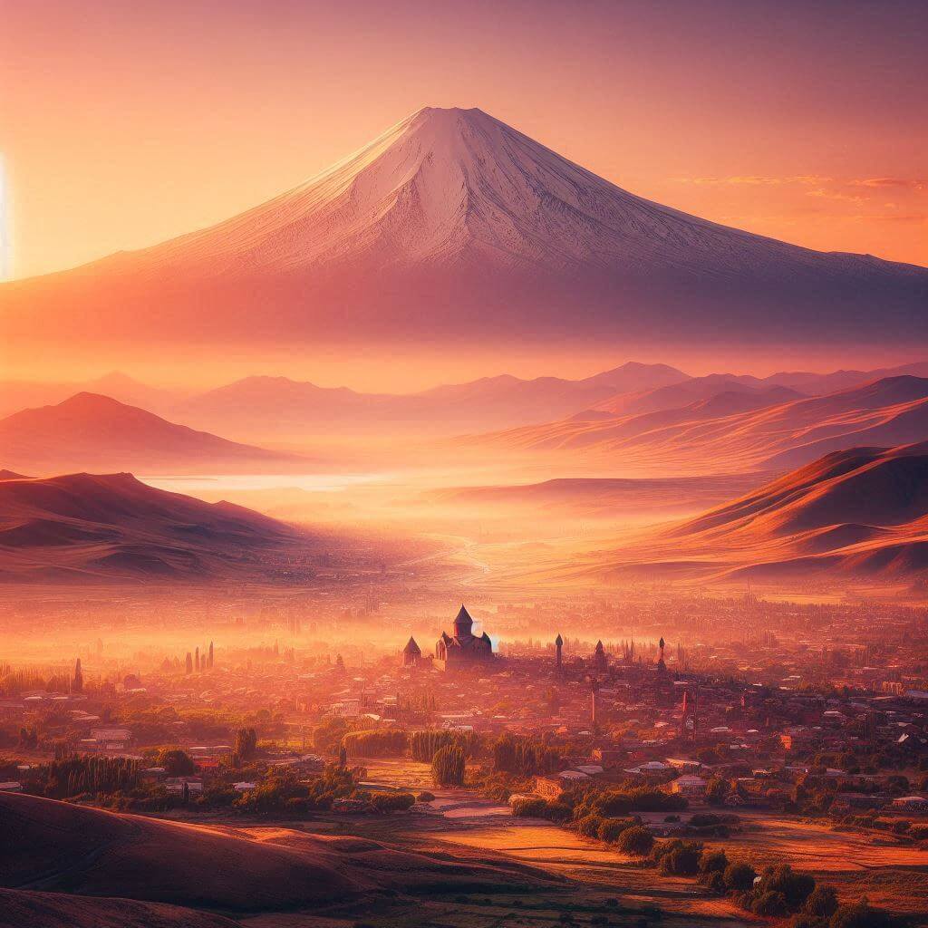 Stunning Armenian Highlands landscape with Mount Ararat at sunrise, representing the nation's cultural heritage