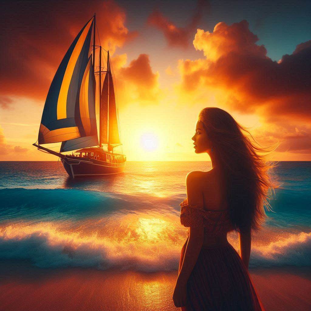 Vibrant Caribbean sunset with a sailboat, capturing the essence of Aruba's warm spirit and oceanic connection