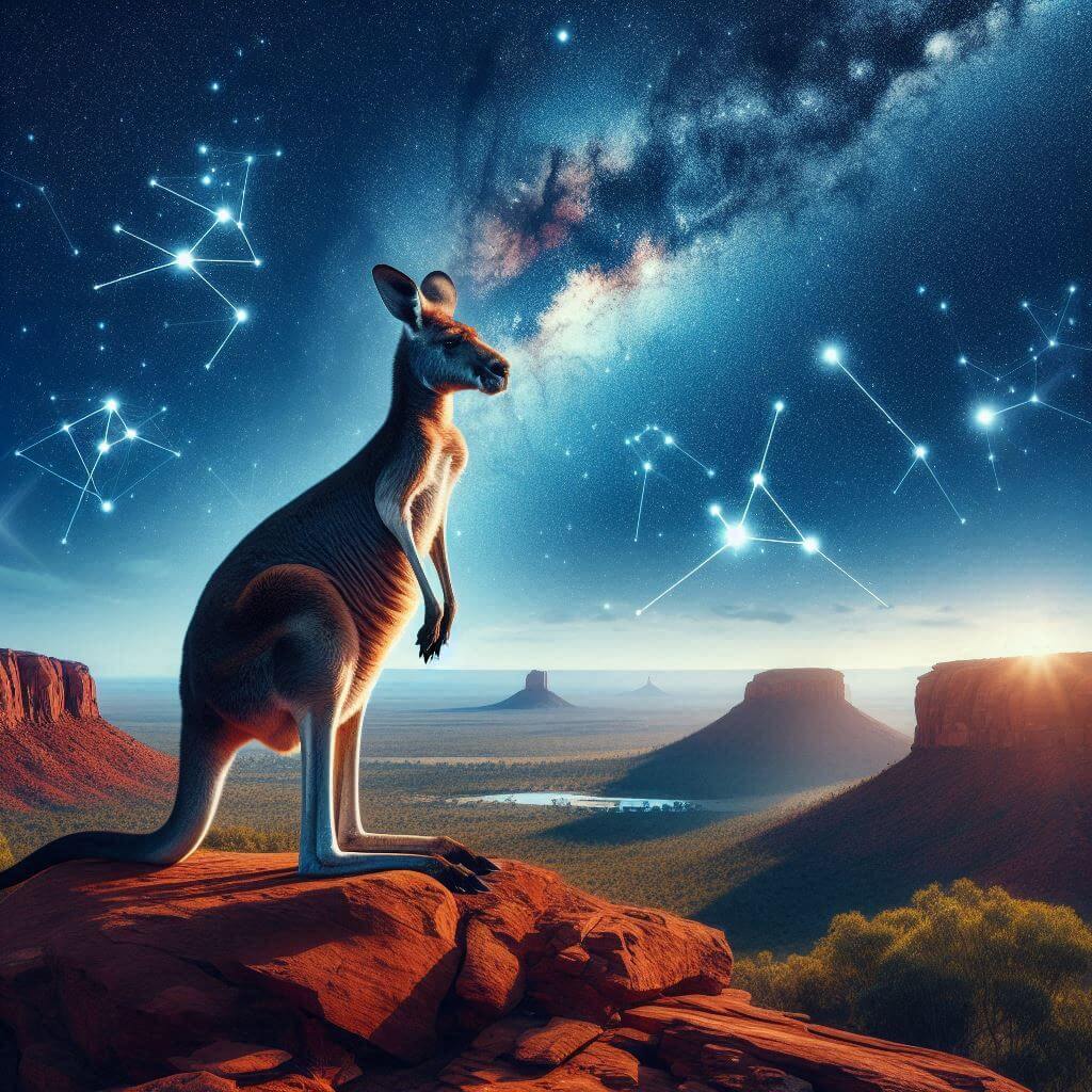 A majestic kangaroo standing on a cliff overlooking the vast Australian outback, with the stars of the Southern Cross constellation shining brightly above