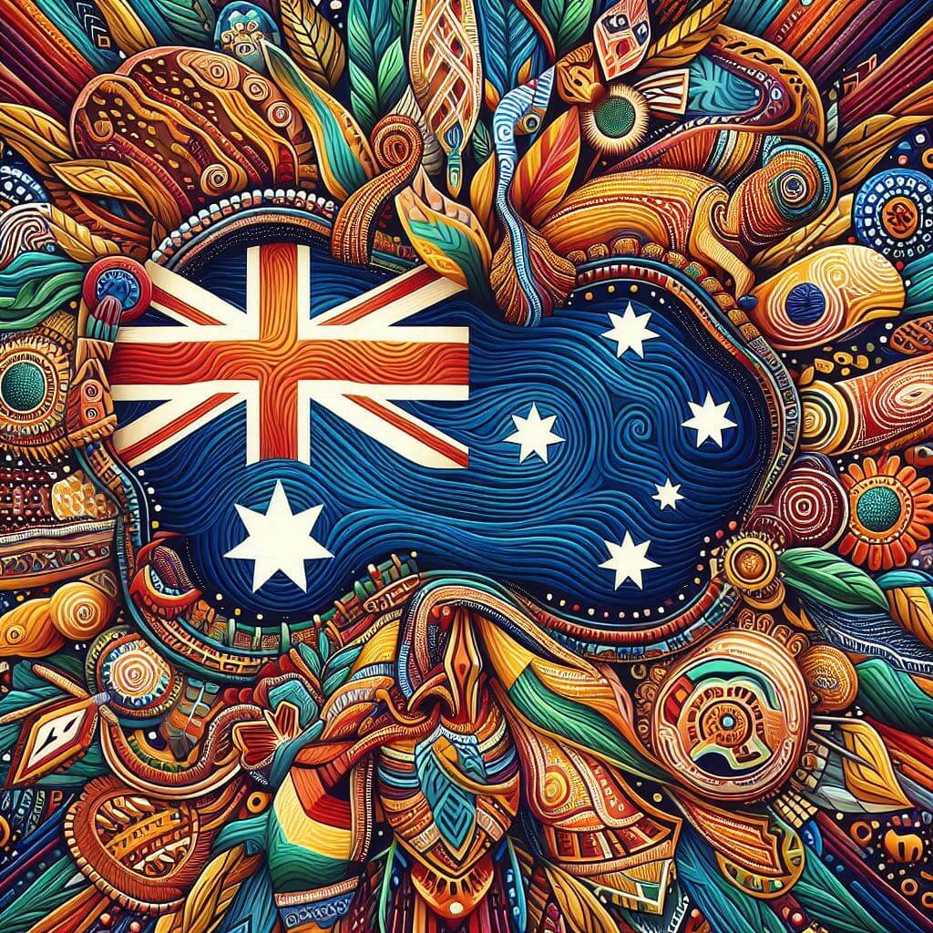 A vibrant and colorful depiction of Aboriginal and Torres Strait Islander cultures, with traditional patterns and symbols intertwined with the Australian flag, celebrating the country's Indigenous heritage and diversity