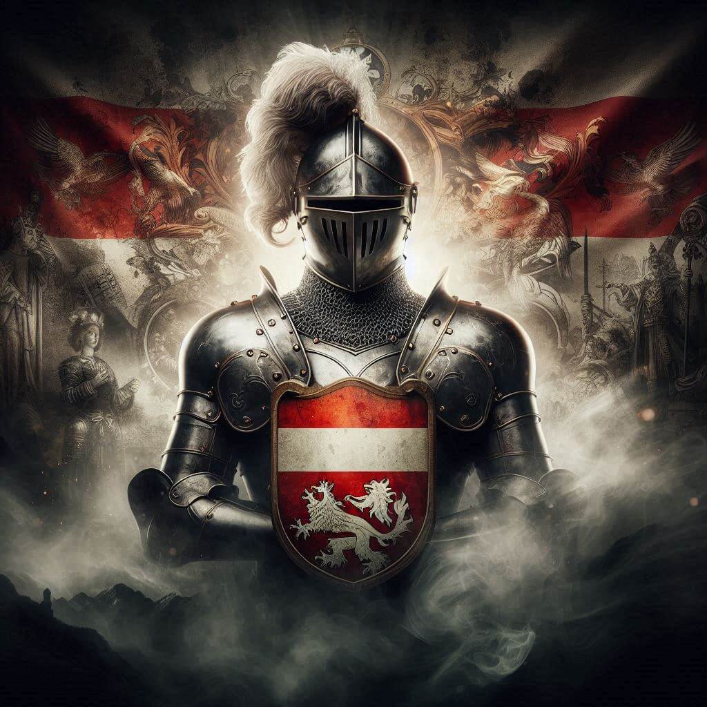 A moody, atmospheric image of a medieval knight's armor, emblazoned with the Austrian coat of arms, set against a mystical, fog-shrouded background, capturing the essence of Austrian valor and legend.