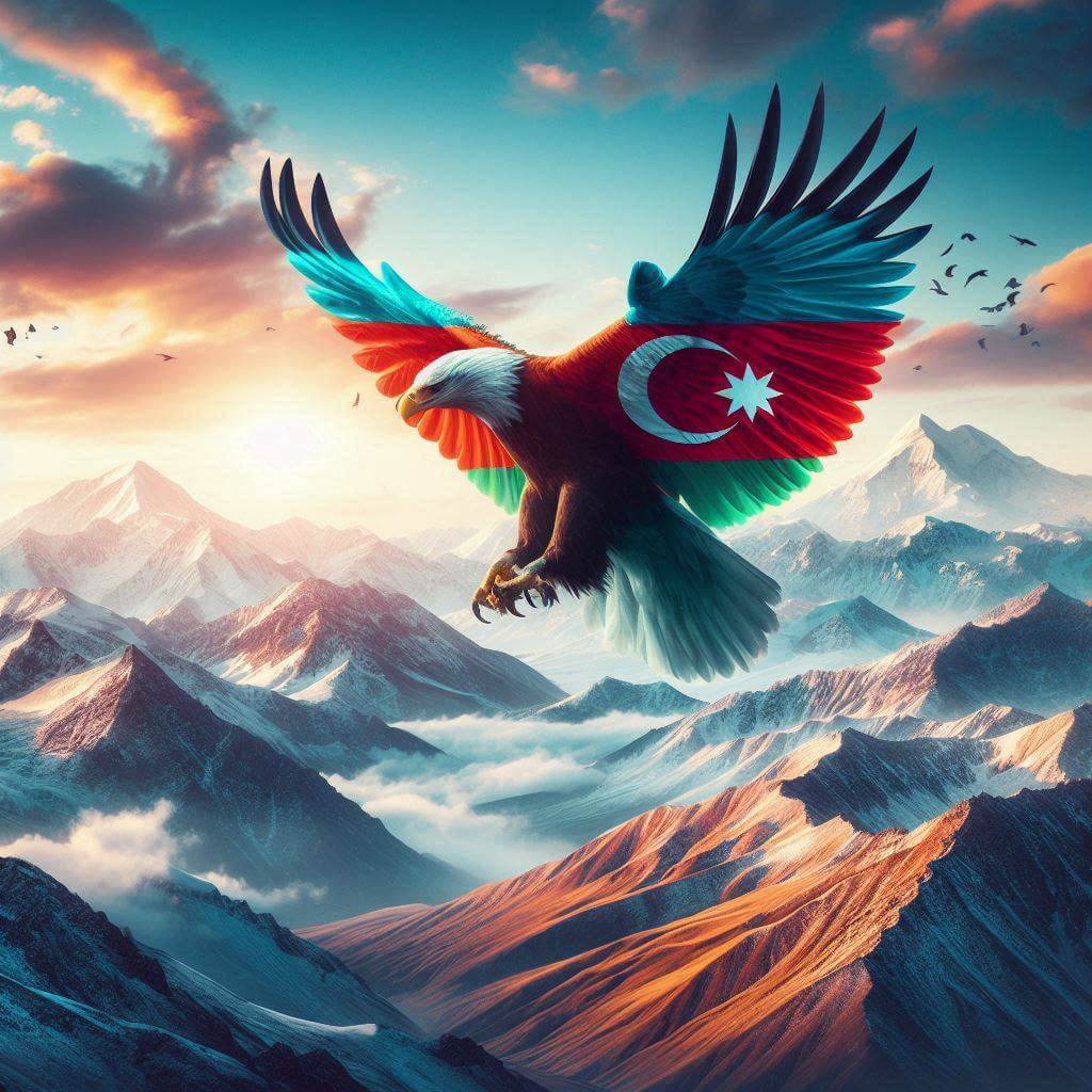 A majestic eagle soaring over the Caucasus Mountains, symbolizing freedom and national pride