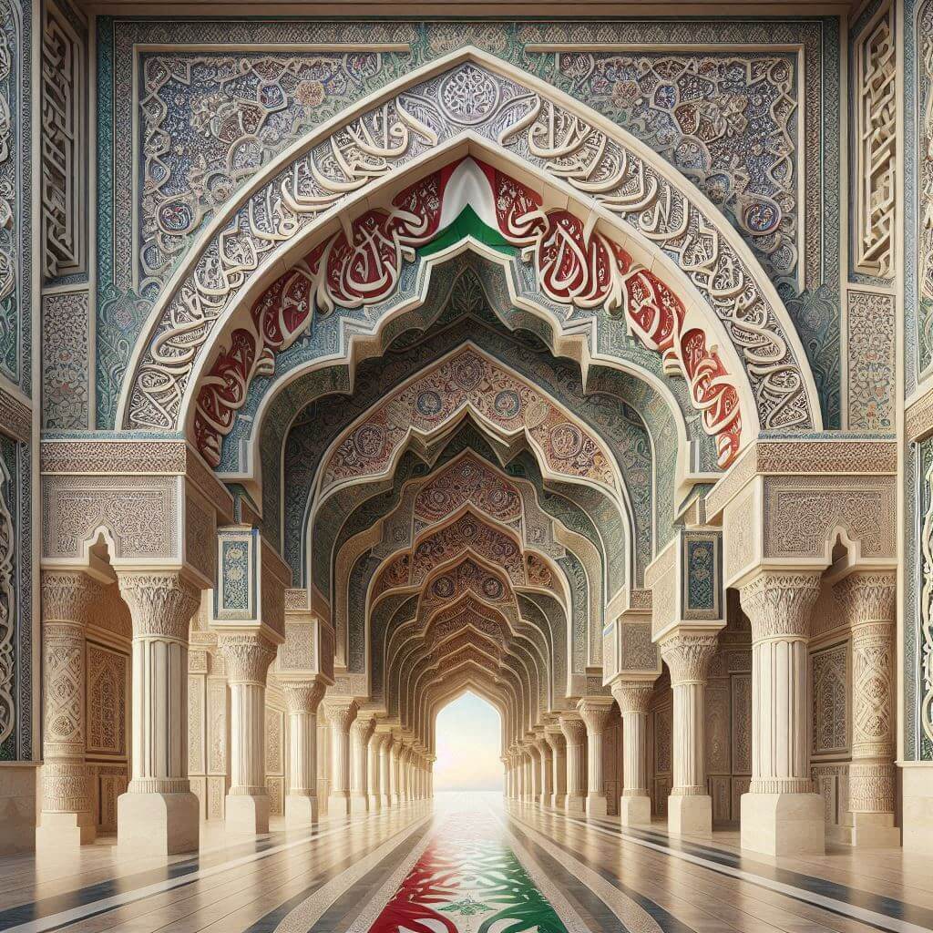 Vibrant Islamic archway with subtle hints of the Bahraini flag's colors