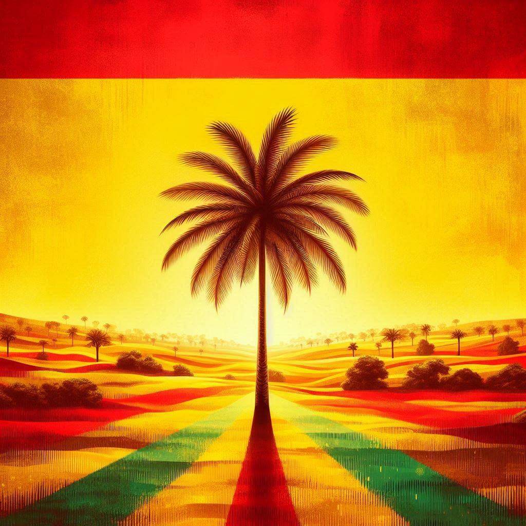 Abstract representation of Benin's national pride, featuring a majestic palm tree symbolizing courage and unity