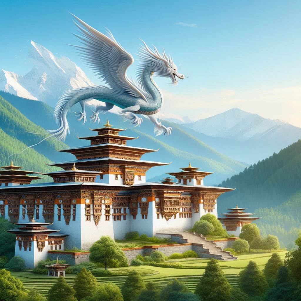 Majestic Bhutanese landscape with dragon and traditional architecture