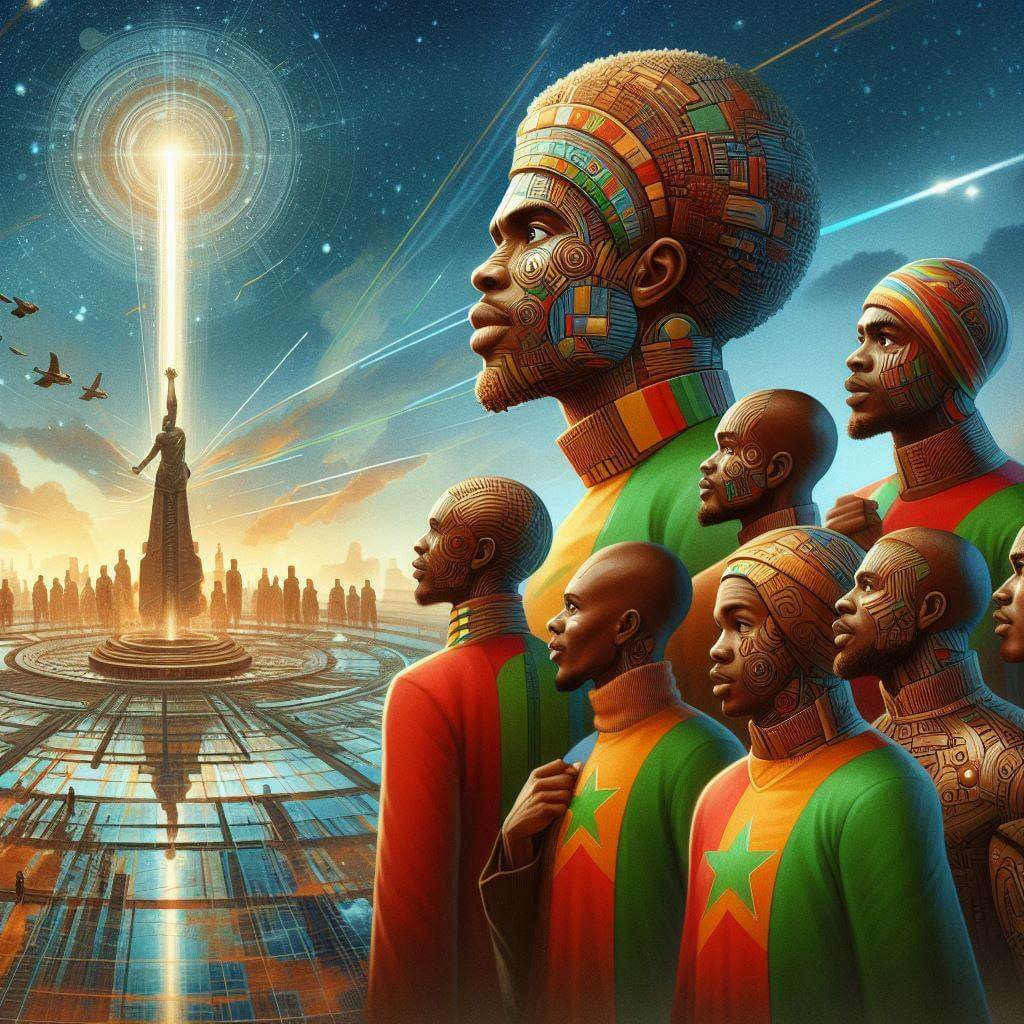 Visionary Afro-futurist figures embodying the revolutionary spirit and unity of Burkina Faso, gazing towards a beacon of progress and hope.