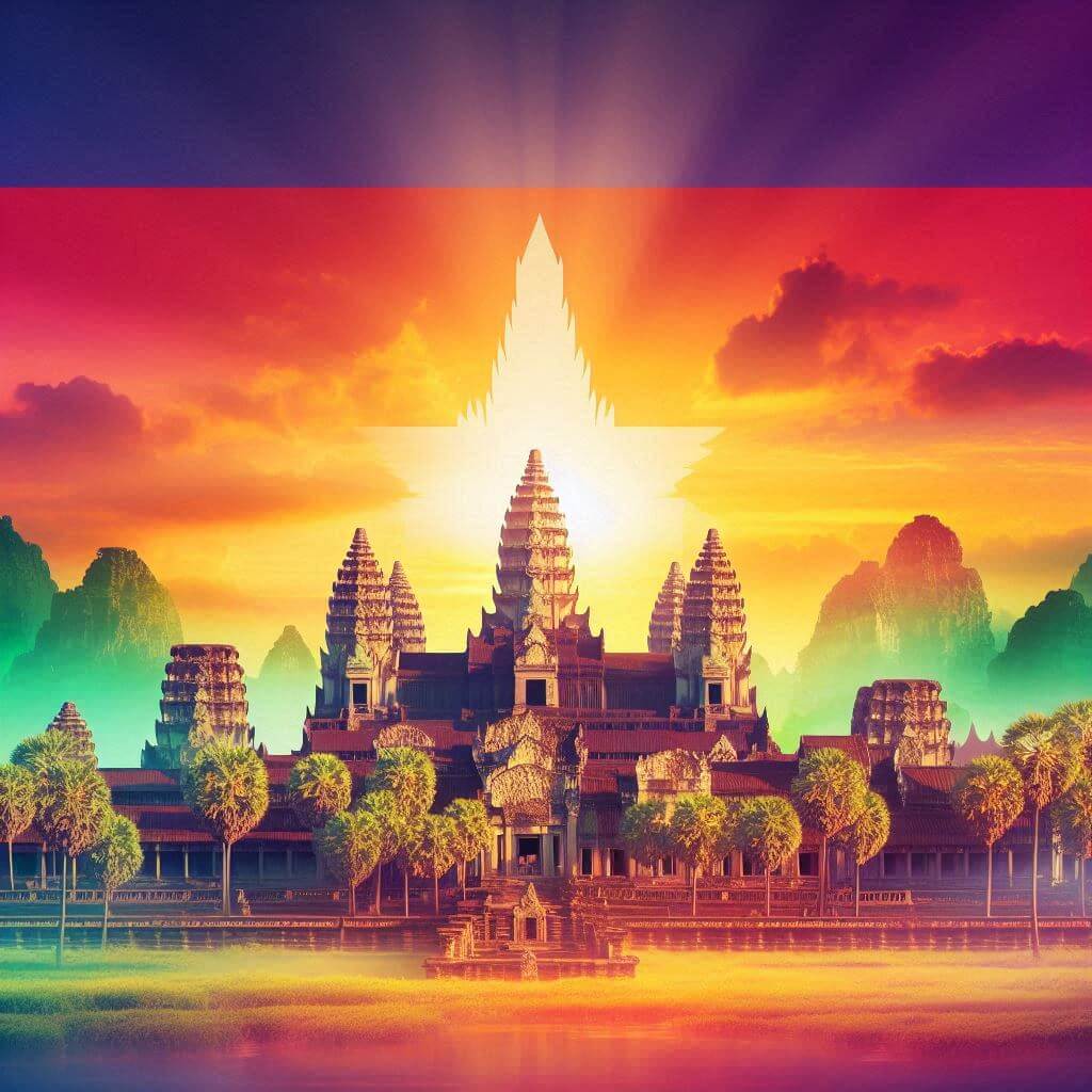 Angkor Wat at sunrise, blending with the colors of the Cambodian flag