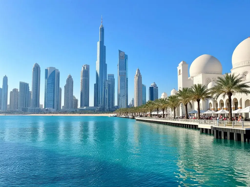 Abu Dhabi skyline with the Sheikh Zayed Grand Mosque and Arabian Gulf