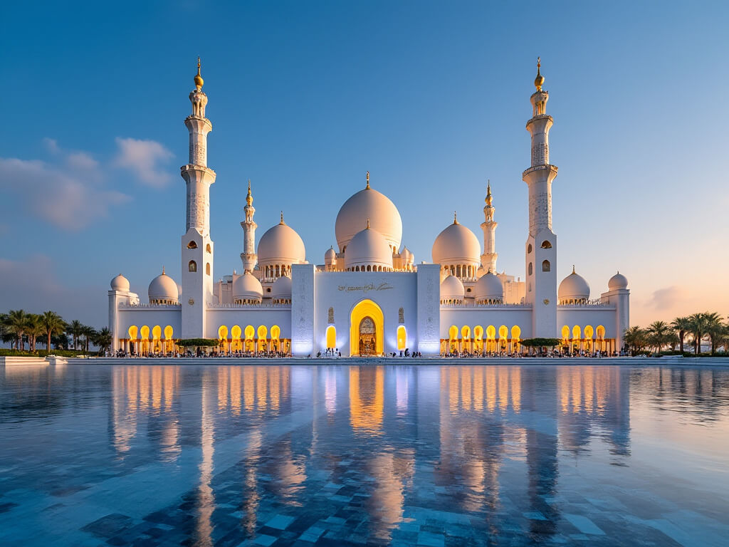 Abu Dhabi skyline with Sheikh Zayed Grand Mosque in the foreground