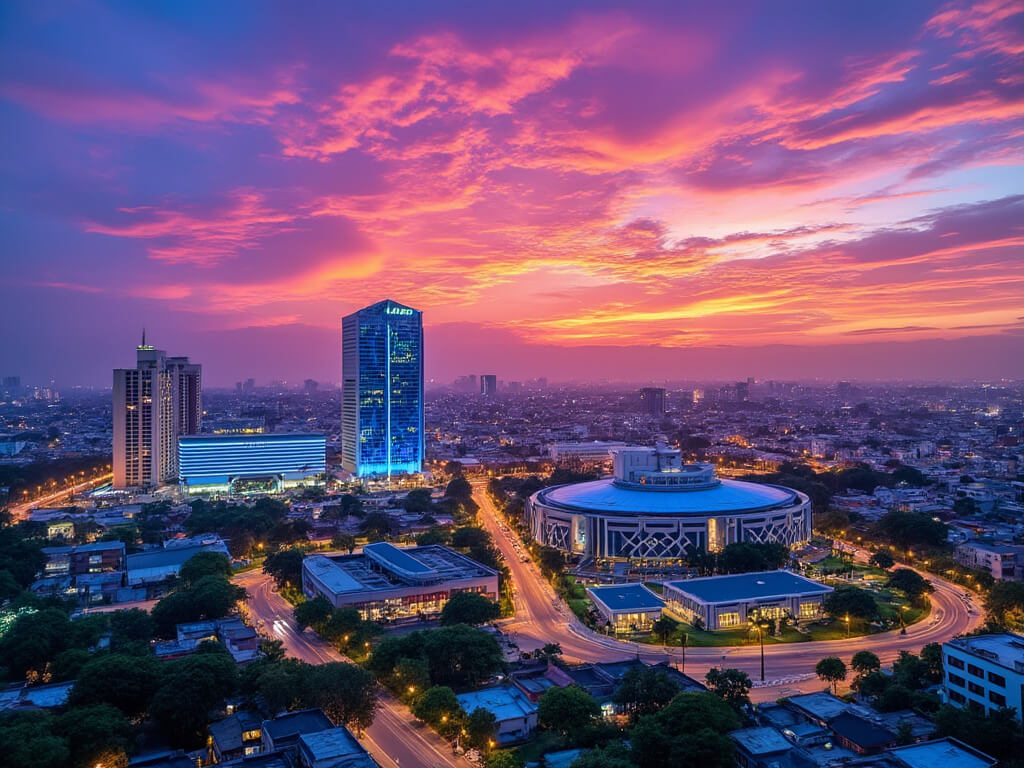 Abuja cityscape at sunset, with vibrant colors and modern architecture