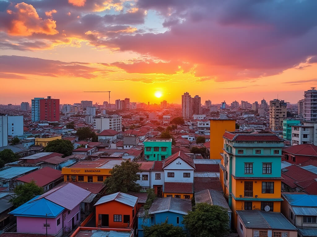 Accra cityscape at sunset, with vibrant colors and traditional architecture