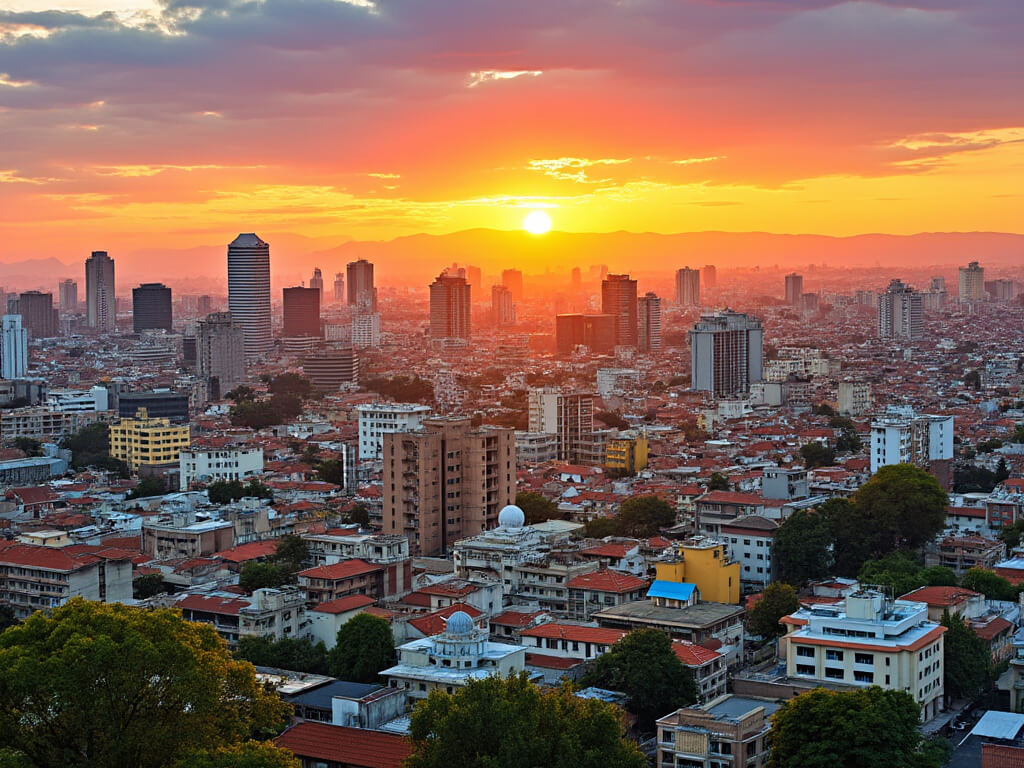 Addis Ababa cityscape at sunset, with vibrant colors and a mix of modern and traditional architecture