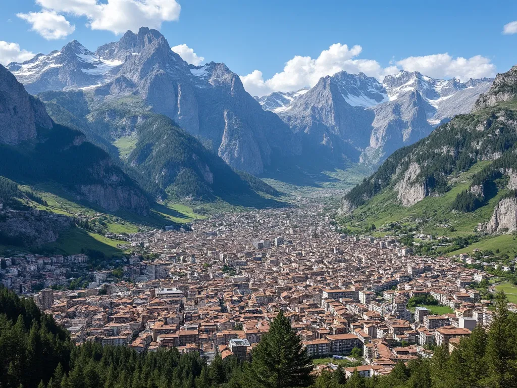 Andorra la Vella skyline with the Pyrenees mountains