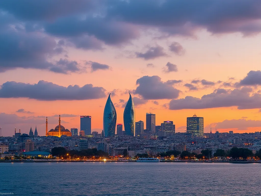 Baku skyline with the Flame Towers and the Caspian Sea