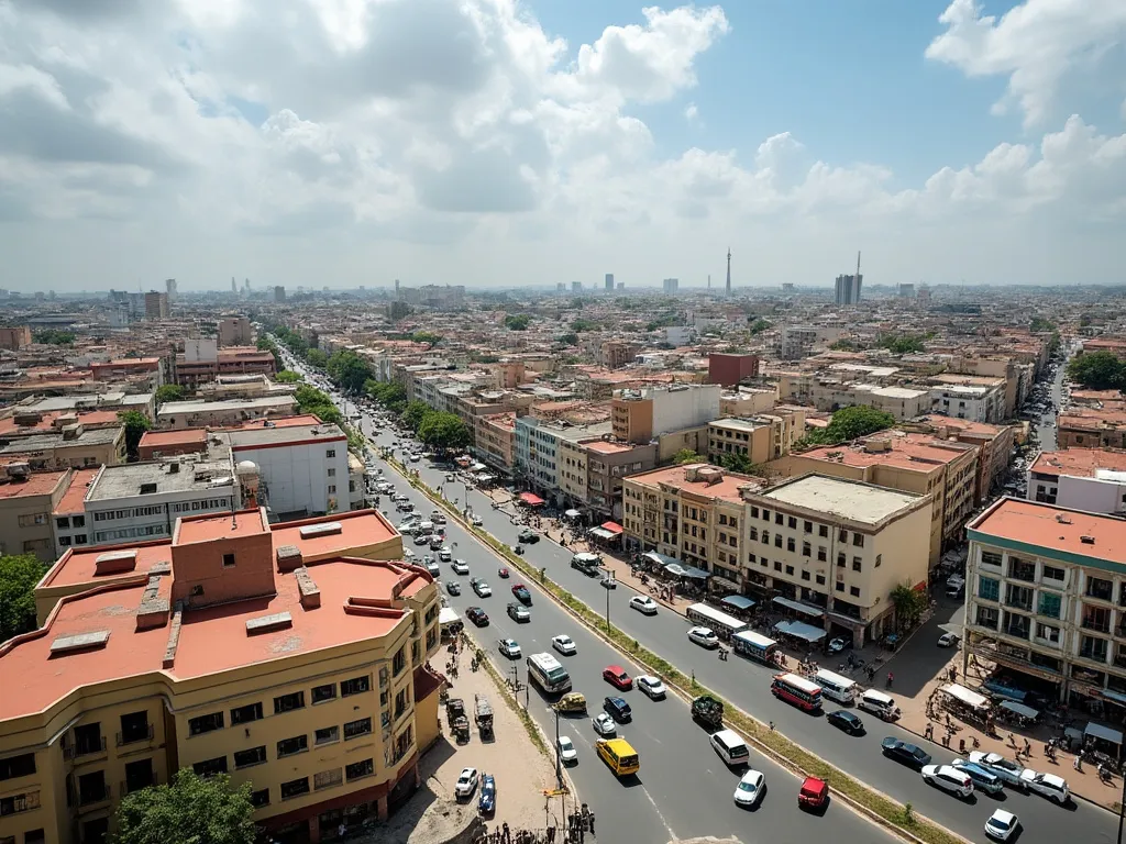 Panorama de Conakry con edificios y una calle bulliciosa