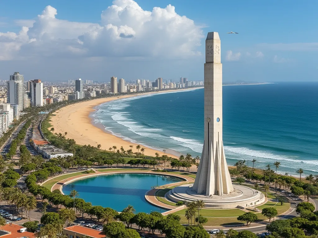 Dakar cityscape with the African Renaissance Monument and the Atlantic Ocean