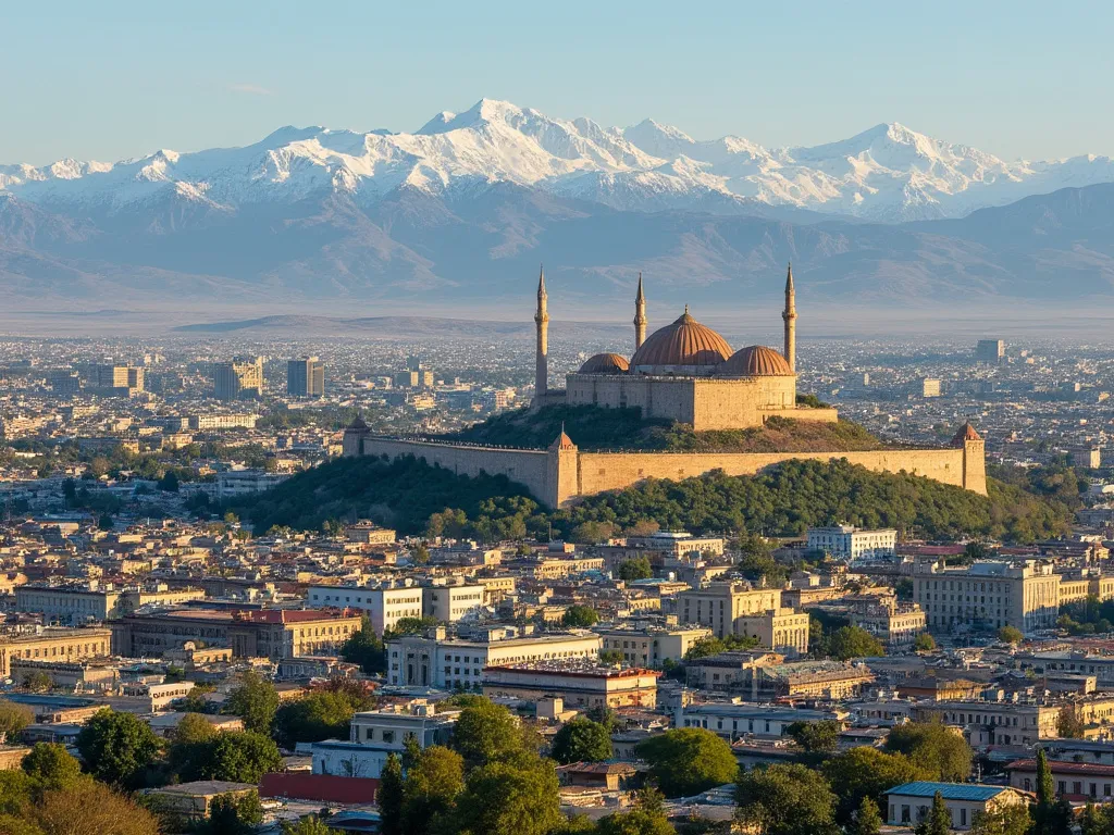 Dushanbe cityscape with the Hissar Fortress and the Pamir Mountains