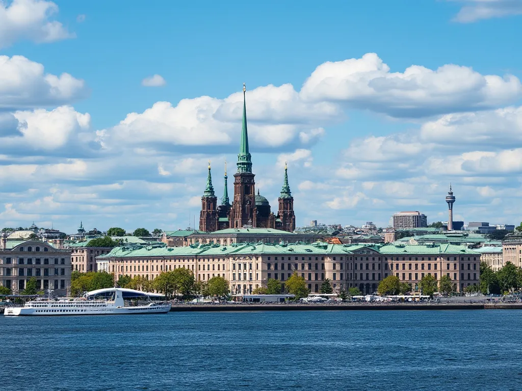 Helsinki skyline with the Uspenski Cathedral and the Gulf of Finland