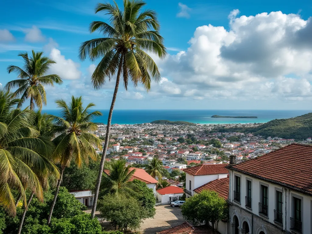 Paisaje urbano de Kingstown con palmeras y edificios antiguos en primer plano