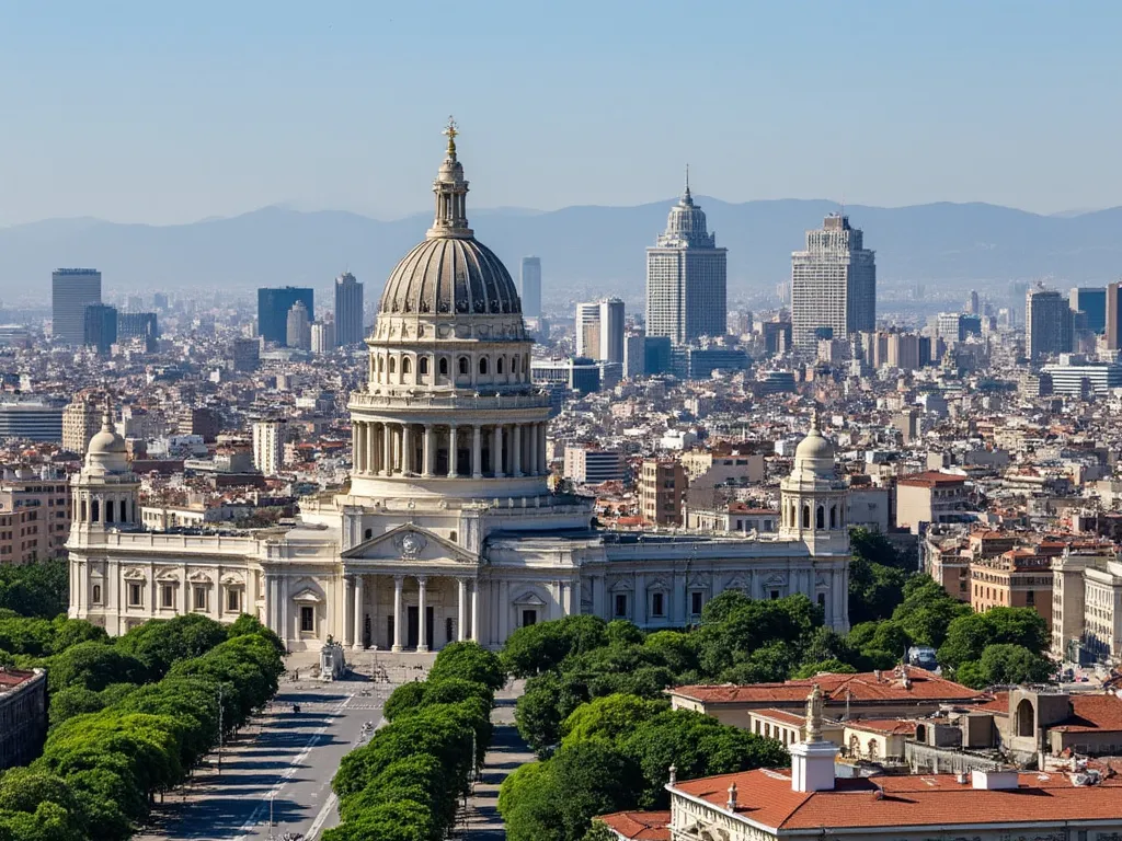Panorama de la Ciudad de México con el Palacio de Bellas Artes y la Catedral Metropolitana