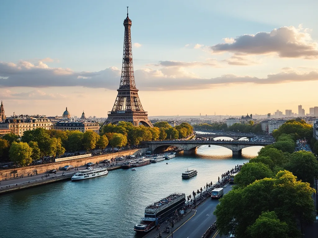 Horizonte de París con la Torre Eiffel y el río Sena