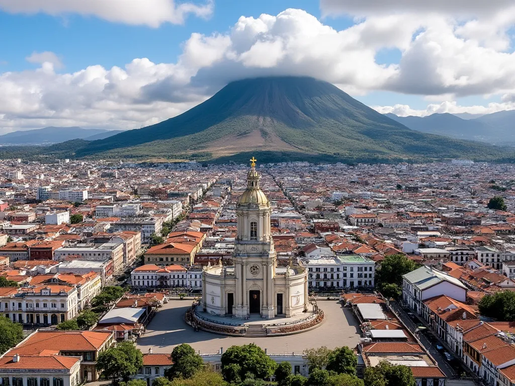 Quito skyline with famous attractions like the Mitad del Mundo and El Panecillo