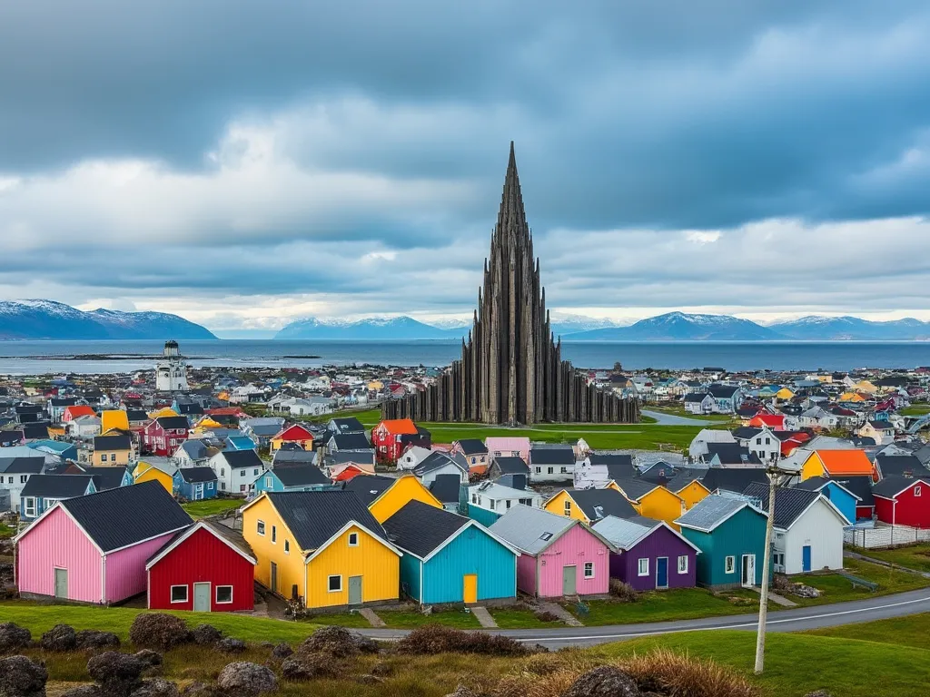Panorama de Reykjavik con la iglesia Hallgrímskirkja y casas coloridas