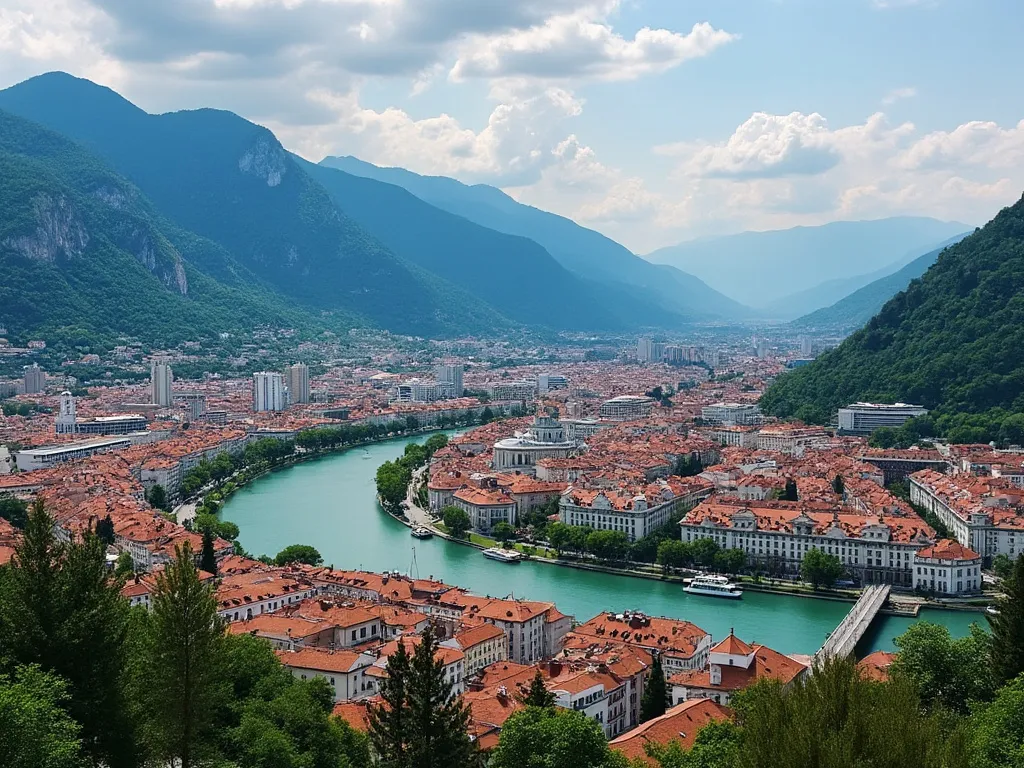 Sarajevo cityscape with the Miljacka River and surrounding mountains