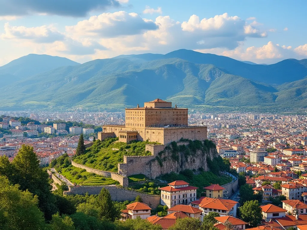 Horizonte de Skopie con puntos de referencia famosos como la Fortaleza Kale y hermosas montañas