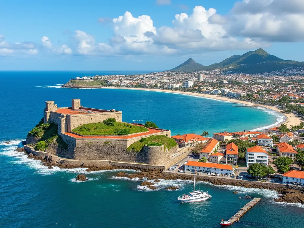 Horizonte de St. George's con puntos de referencia famosos como el Fuerte George y hermosas playas