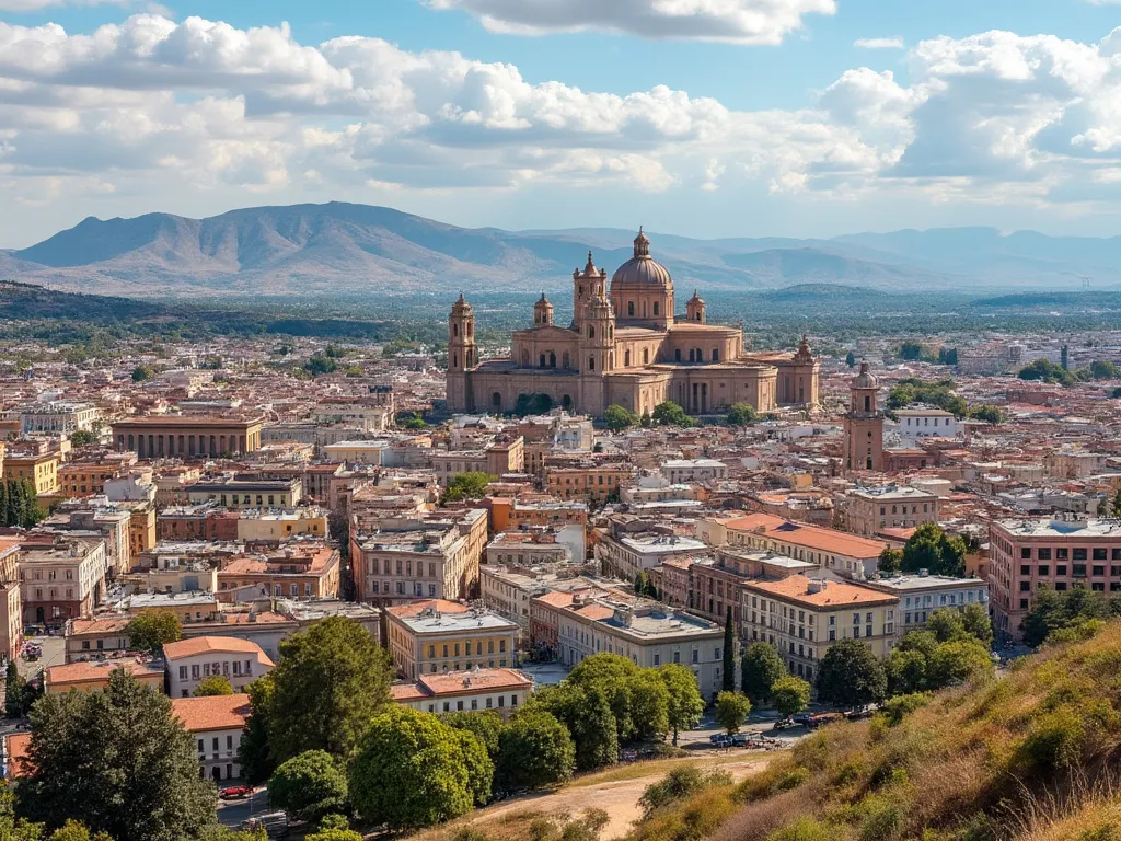 Sucre skyline with famous attractions like the Cathedral of Sucre and beautiful landscapes