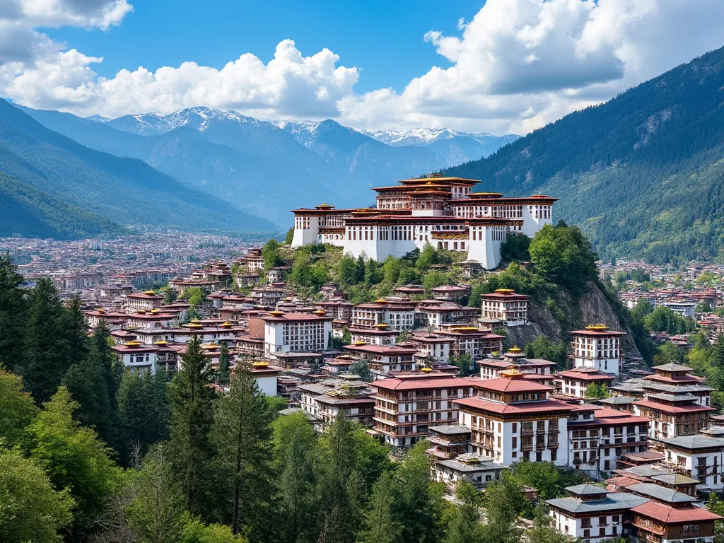 Thimphu cityscape with the Tashichho Dzong and Himalayas in the background