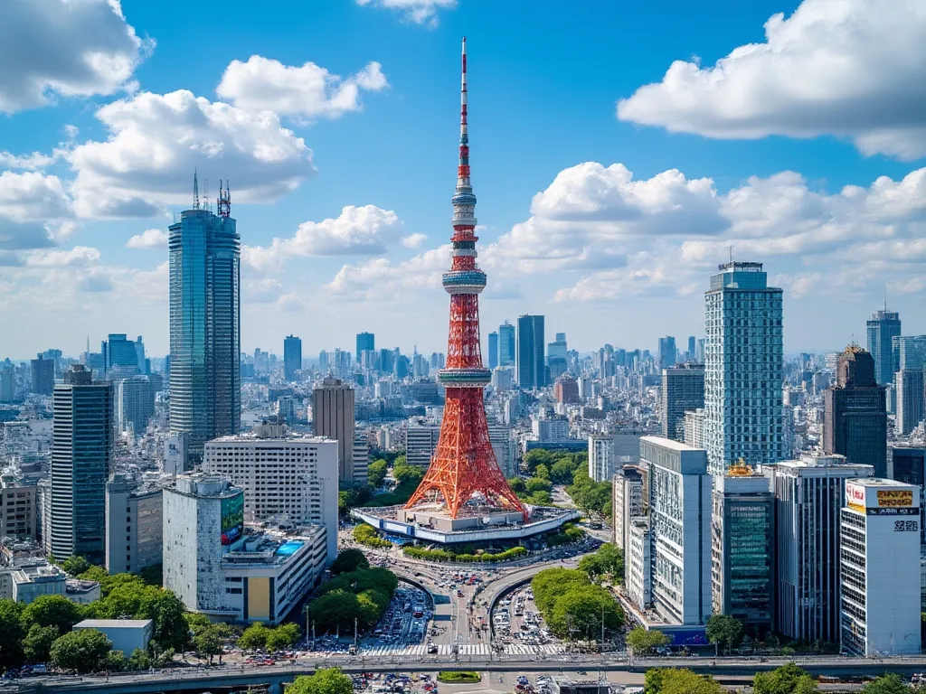 Horizonte de Tokio con atracciones famosas como Tokyo Skytree y Shibuya Crossing