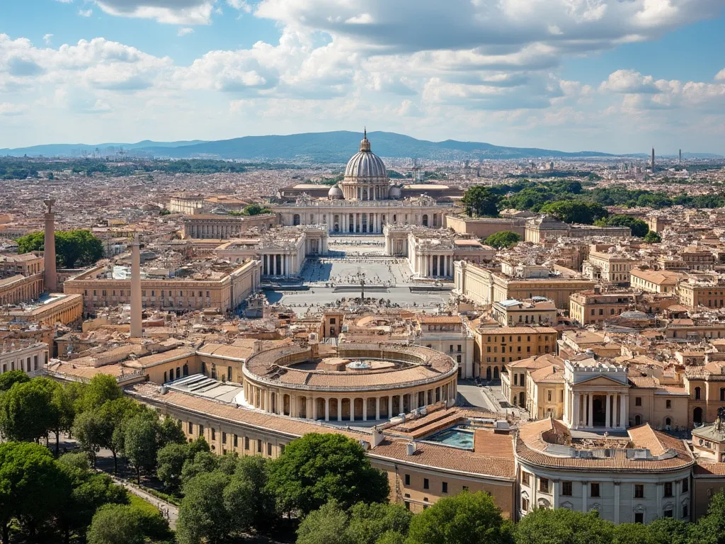 Horizonte de la Ciudad del Vaticano con atracciones famosas como la Basílica de San Pedro y los Museos Vaticanos