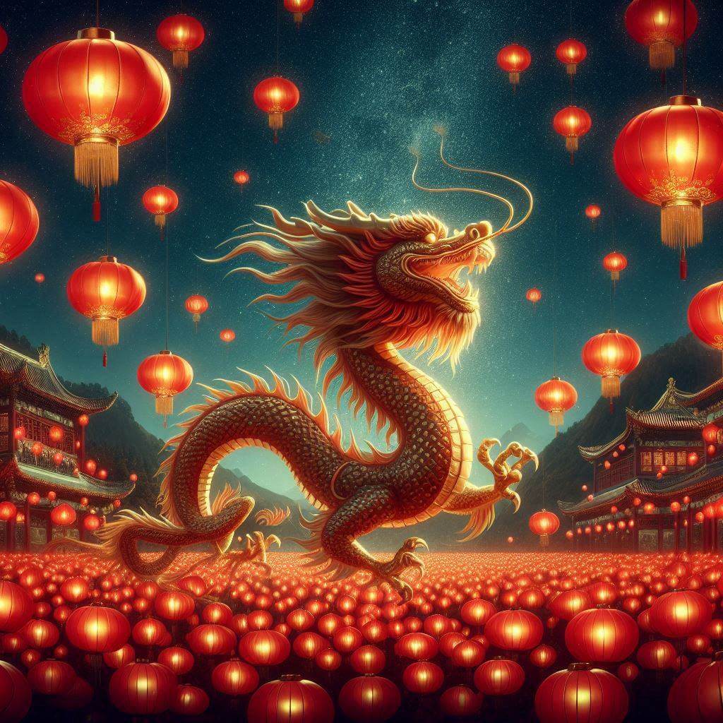 Vibrant image of a dragon amidst red lanterns, conveying the essence of Chinese culture and pride