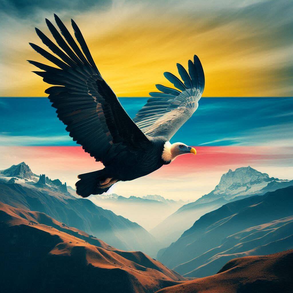 Majestic condor flying over Andean mountains with subtle Colombian flag colors reflected in the sky