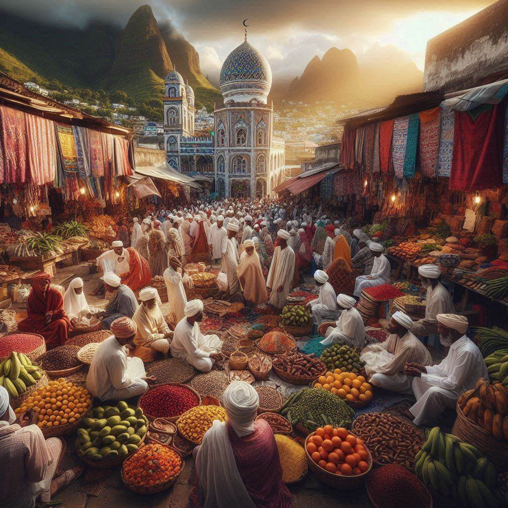 Lively market scene in Moroni, capturing the cultural essence and Islamic traditions of Comoros