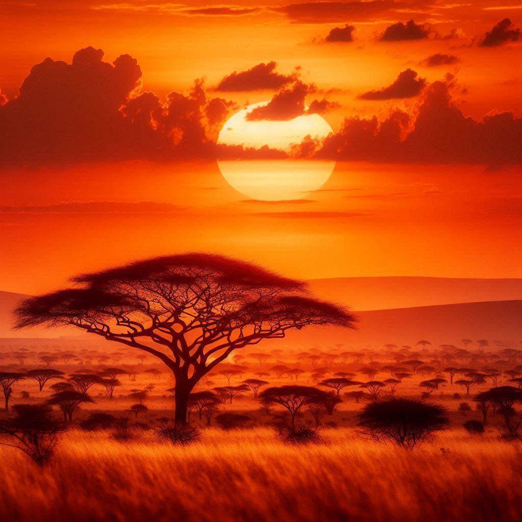 Warm sunset over the savanna grasslands of northern Côte d'Ivoire