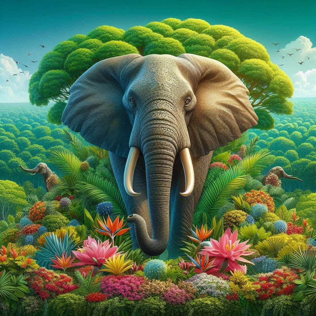 Majestic elephant in a lush green forest in southern Côte d'Ivoire, symbolizing strength, unity, and natural abundance