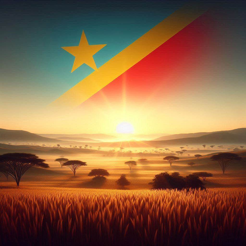 Vibrant savannah landscape at sunrise, symbolizing hope and unity for the Democratic Republic of the Congo