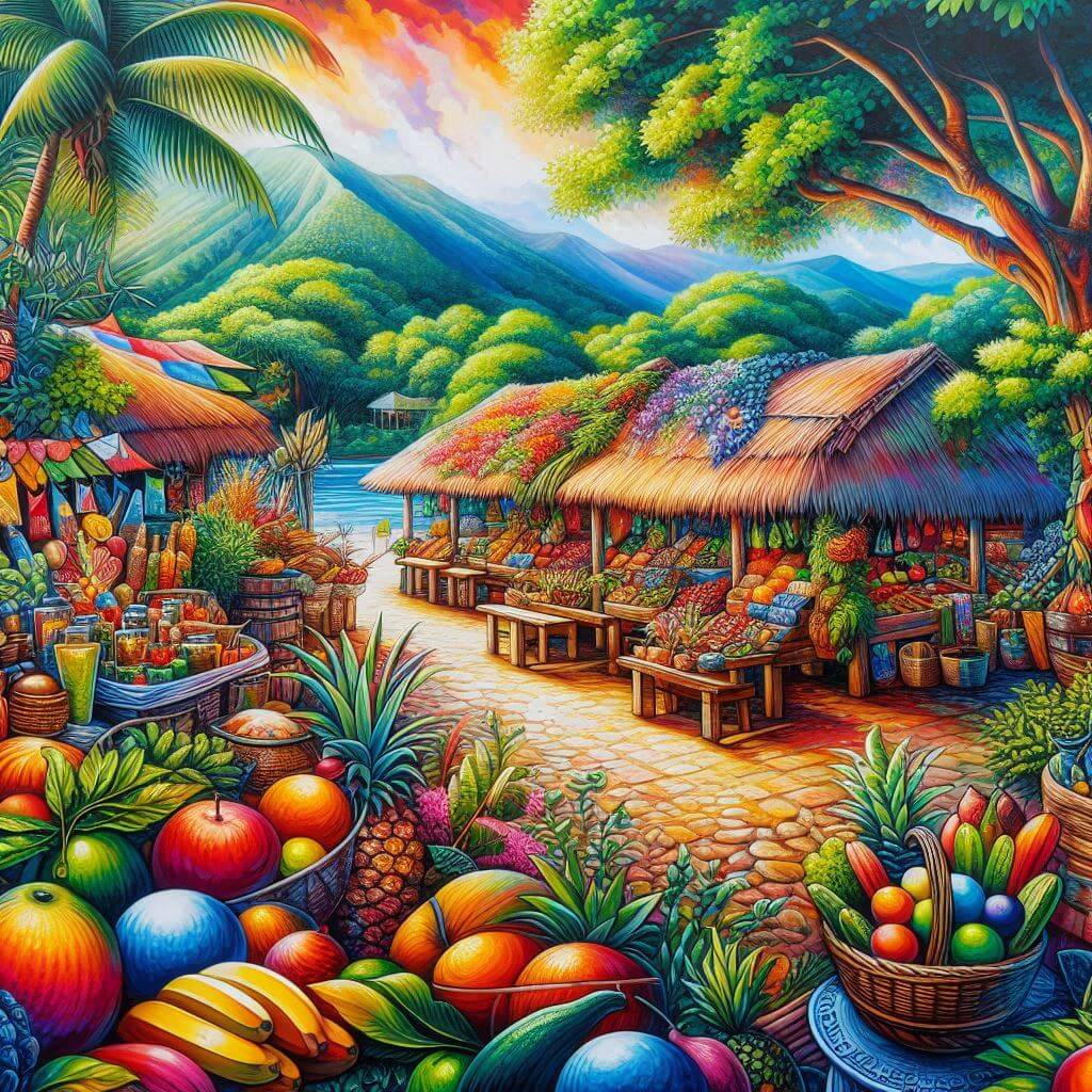 Vibrant artistic depiction of a traditional Dominican marketplace, showcasing cultural heritage and connection to nature.