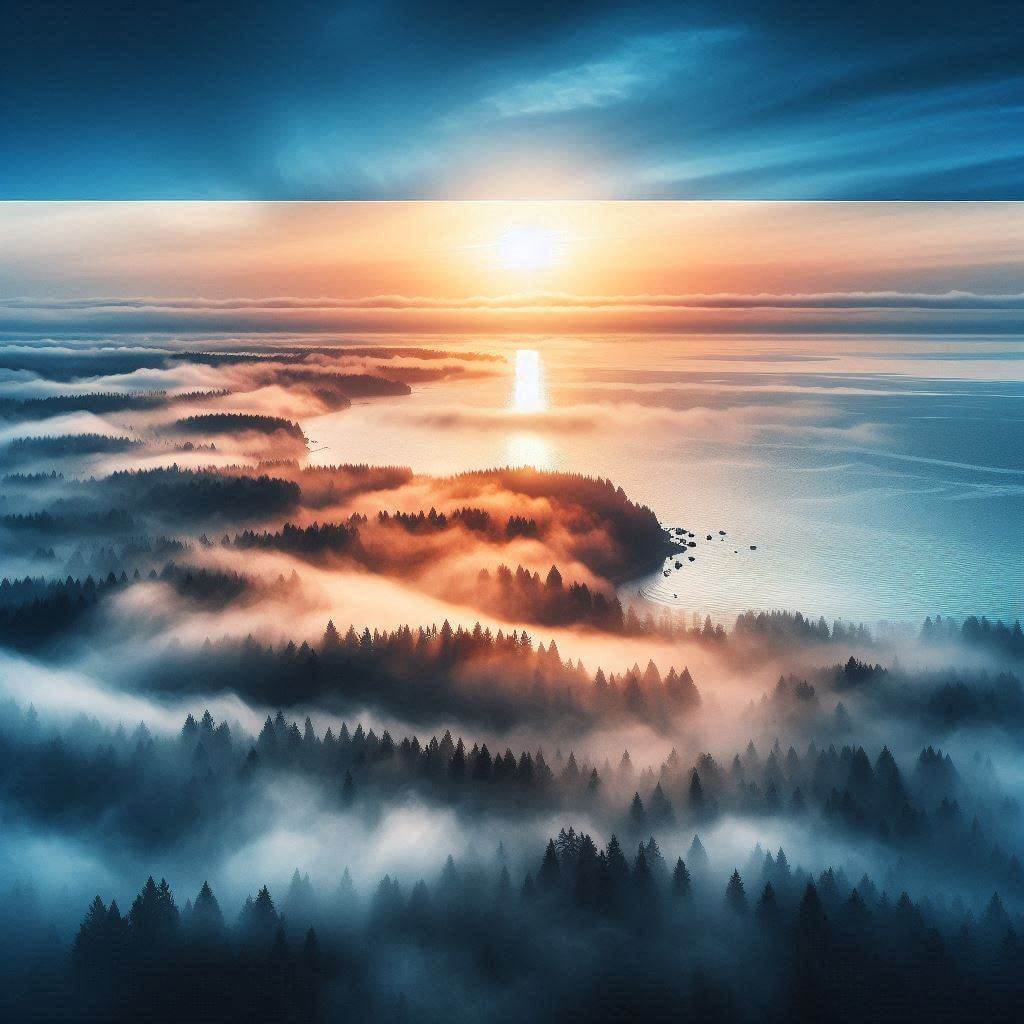 Misty dawn breaking over the Estonian coastline, symbolizing national aspirations