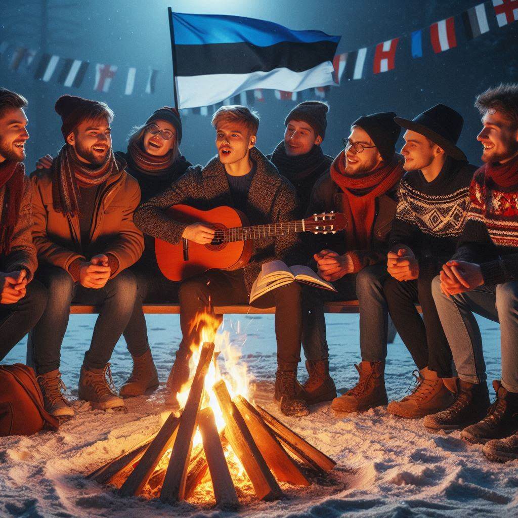 Estonian students gathered around a bonfire, symbolizing national identity and community