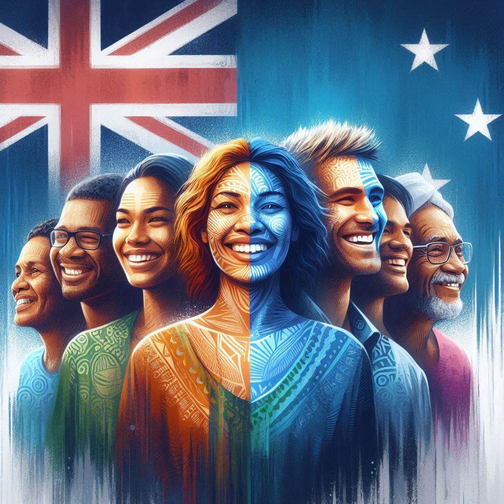 Artistic depiction of Fijian unity and multicultural heritage, featuring people from diverse ethnic backgrounds