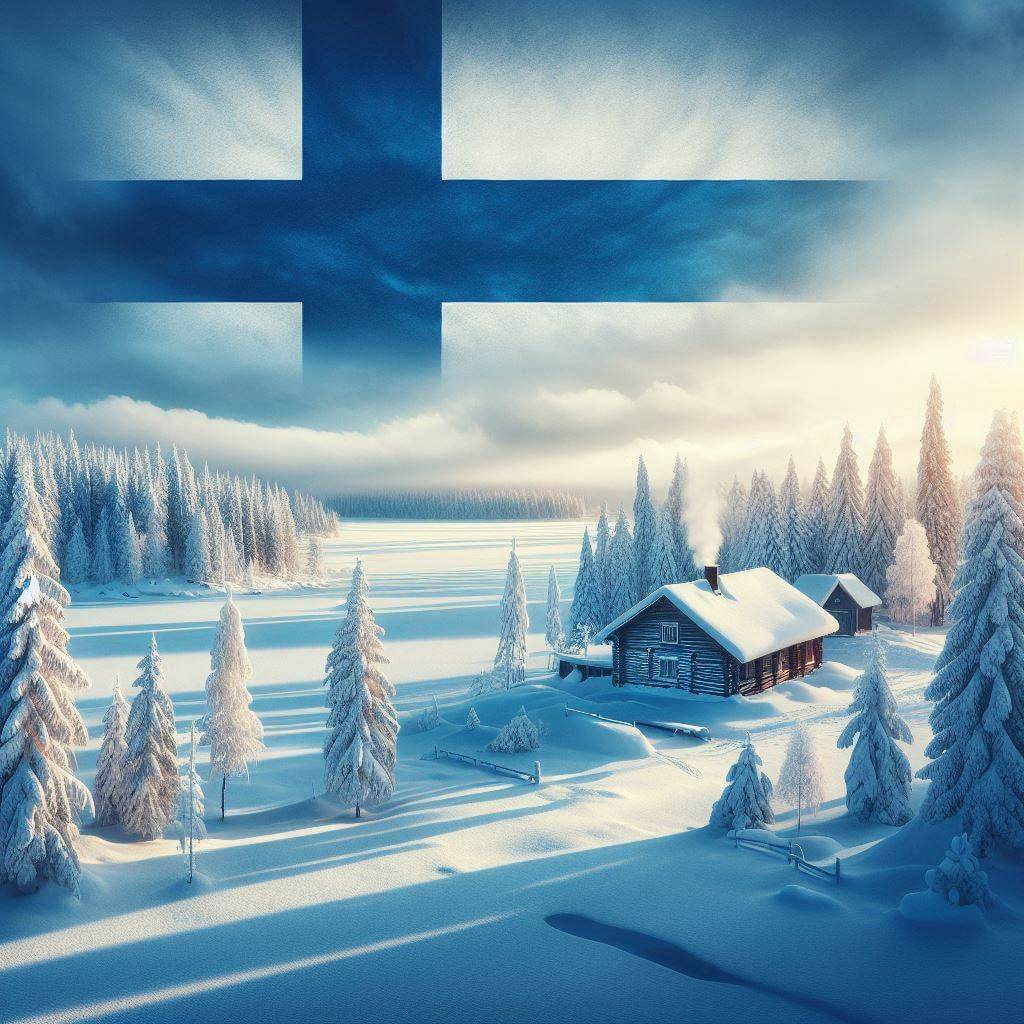 Peaceful winter landscape in Finland, representing the country's pristine environment and the significance of white in the national flag.