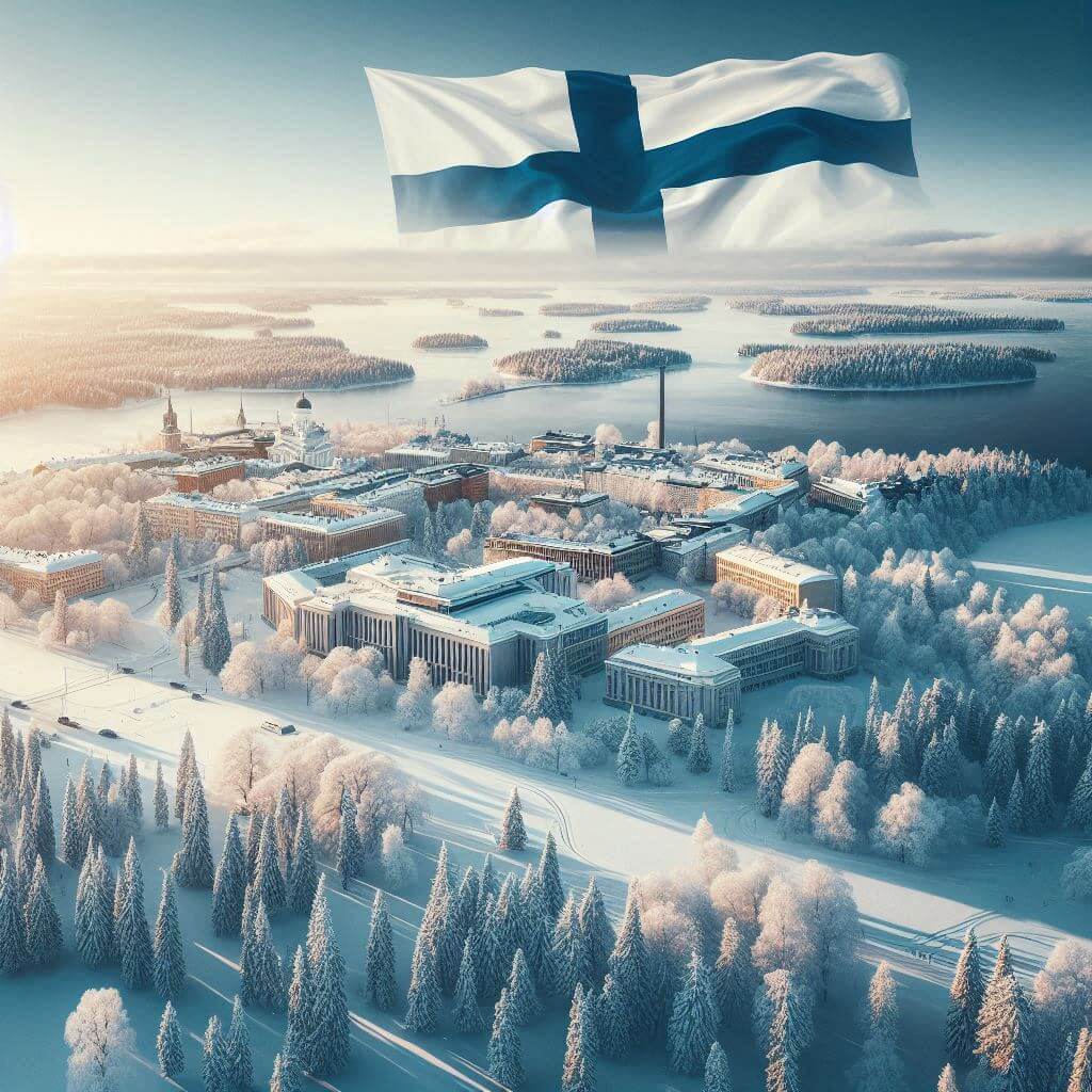 Bird's-eye view of Helsinki, showcasing the city's modern architecture, cultural landmarks, and vibrant atmosphere, symbolizing Finland's values and national identity.